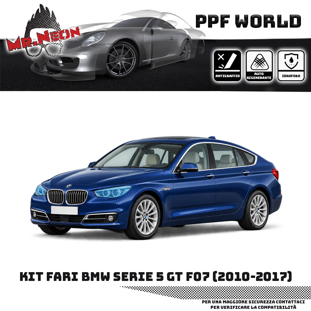 BMW Serie 5 Gran Turismo F07 2010–2017 blu — kit PPF fari anteriori, trasparente con area protetta evidenziata in azzurro
