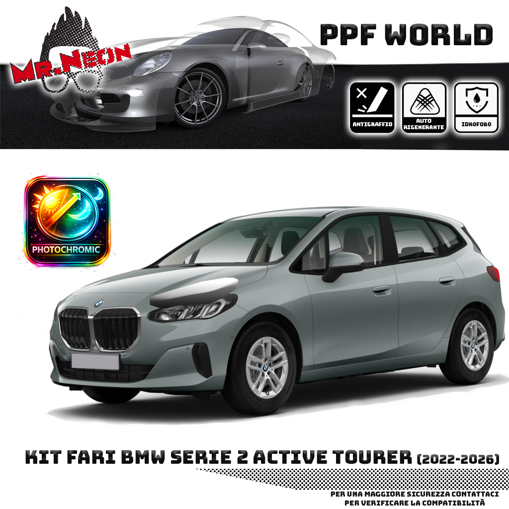 Kit Pellicola Protettiva Fari BMW Serie 2 Active Tourer U06 2022-2026 – PPF Trasparente o Fotocromatico Pretagliato