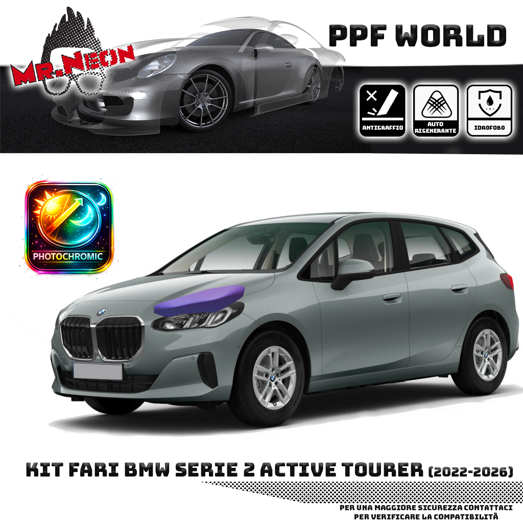 Kit Pellicola Protettiva Fari BMW Serie 2 Active Tourer U06 2022-2026 – PPF Trasparente o Fotocromatico Pretagliato