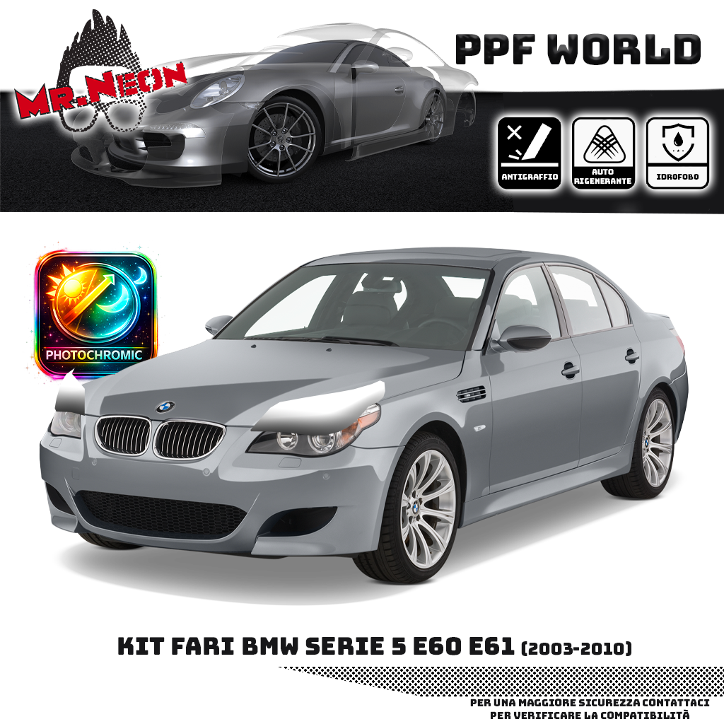 Kit Pellicola Protettiva Fari BMW Serie 5 E60 E61 2003-2010 – PPF Trasparente o Fotocromatico Pretagliato