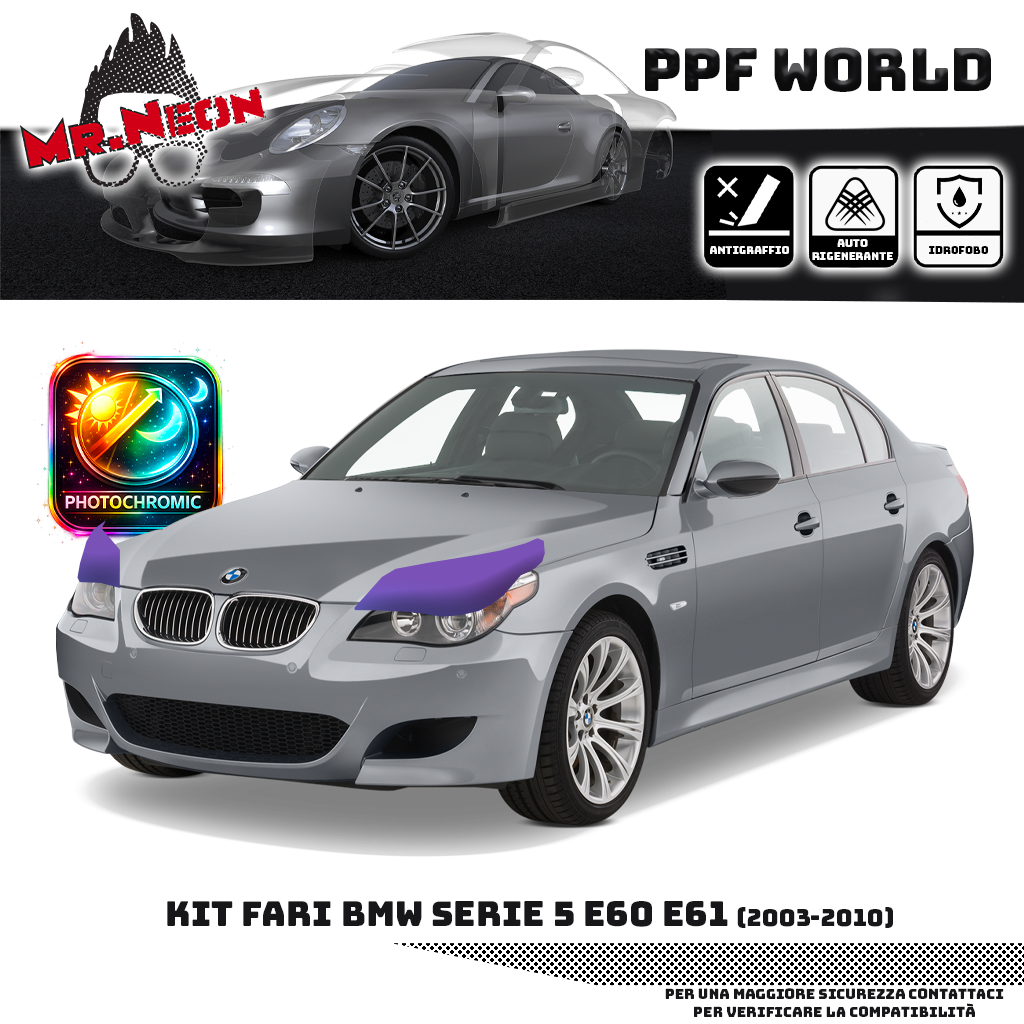 Kit Pellicola Protettiva Fari BMW Serie 5 E60 E61 2003-2010 – PPF Trasparente o Fotocromatico Pretagliato