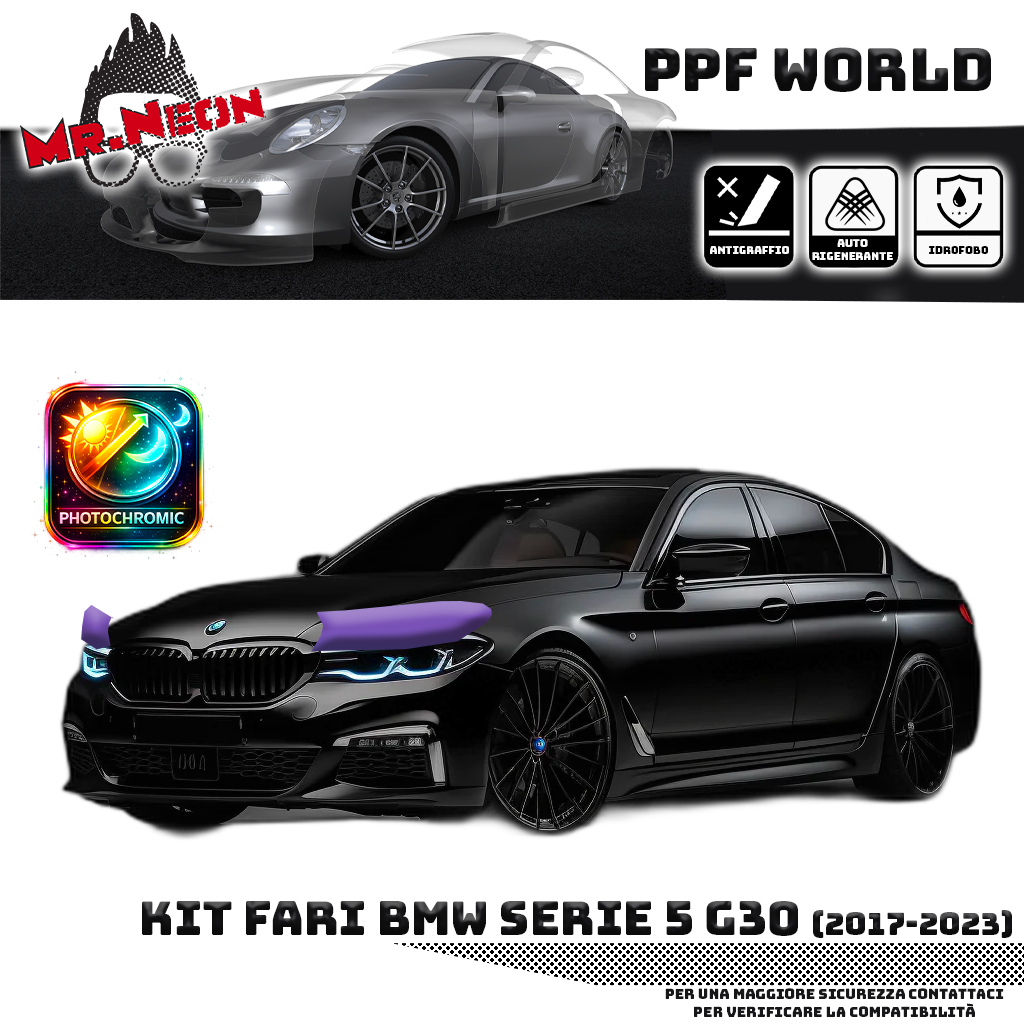 Kit Pellicola Protettiva Fari BMW Seria 5 G30 (2017–2020) – PPF Trasparente o Fotocromatico Pretagliato
