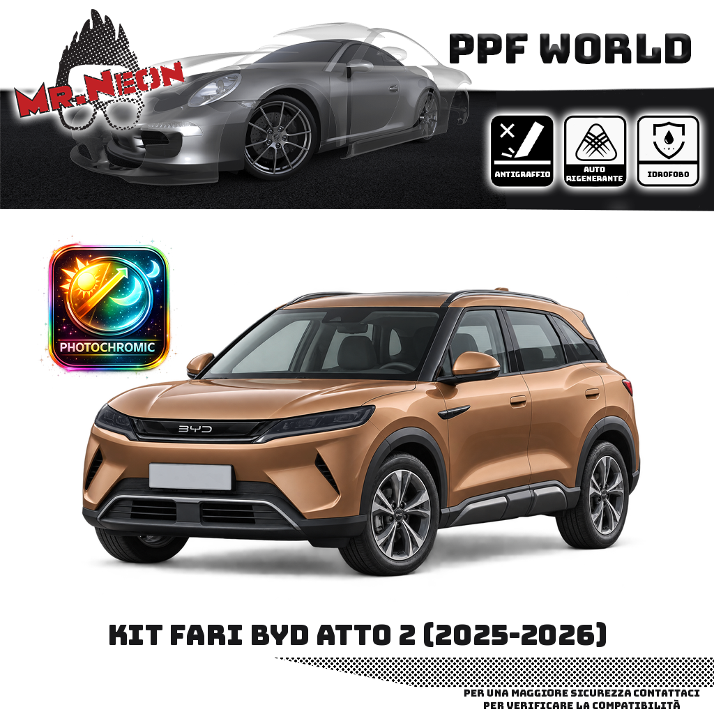 Kit PPF fari BYD Atto 2 2025–2026, faro destro e faro sinistro – fotocromatico nero, auto bronzo