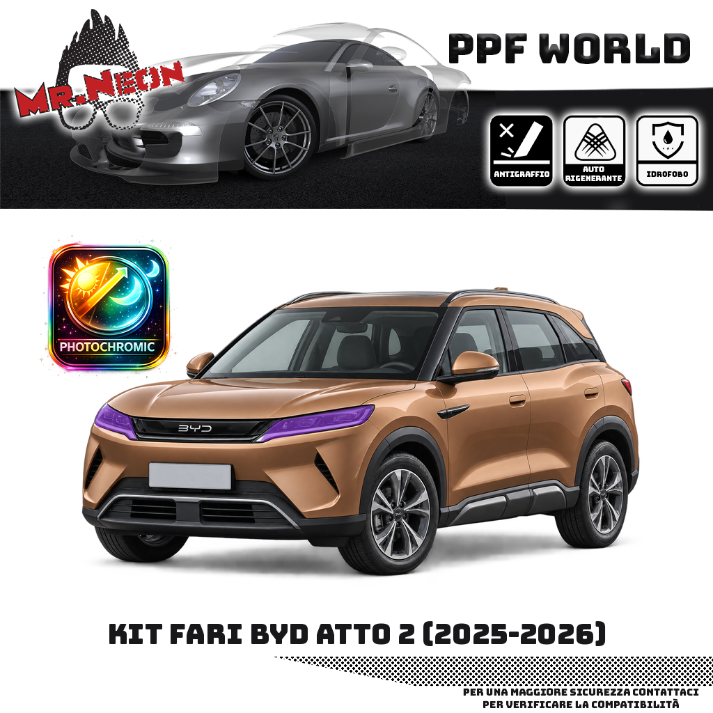 Kit PPF fari BYD Atto 2 2025–2026, faro destro e faro sinistro – fotocromatico viola, auto bronzo