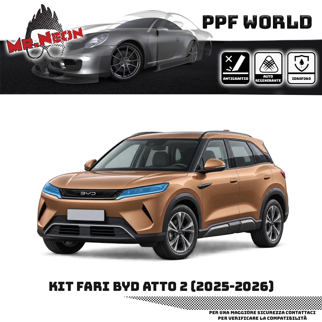 Kit PPF fari BYD Atto 2 2025–2026, faro destro e faro sinistro – trasparente, zone protette in azzurro, auto bronzo