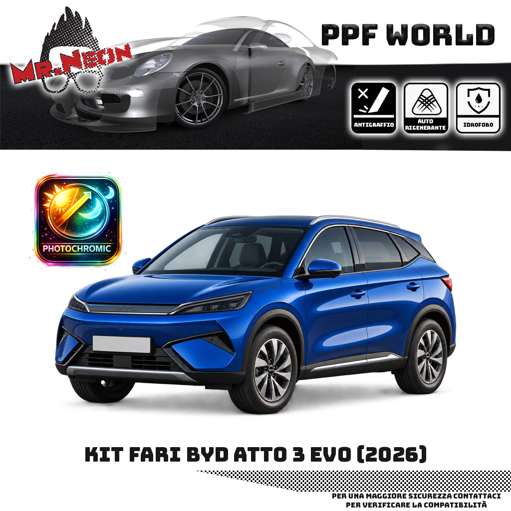 Kit PPF fari BYD Atto 3 EVO 2026, faro destro, faro sinistro e fascia frontale centrale – fotocromatico nero, auto blu