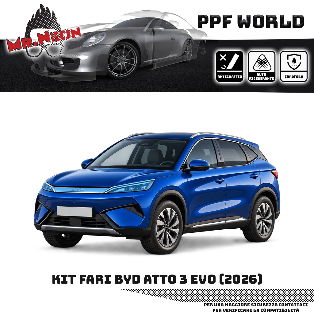 Kit PPF fari BYD Atto 3 EVO 2026, faro destro, faro sinistro e fascia frontale centrale – trasparente, zone protette in azzurro, auto blu