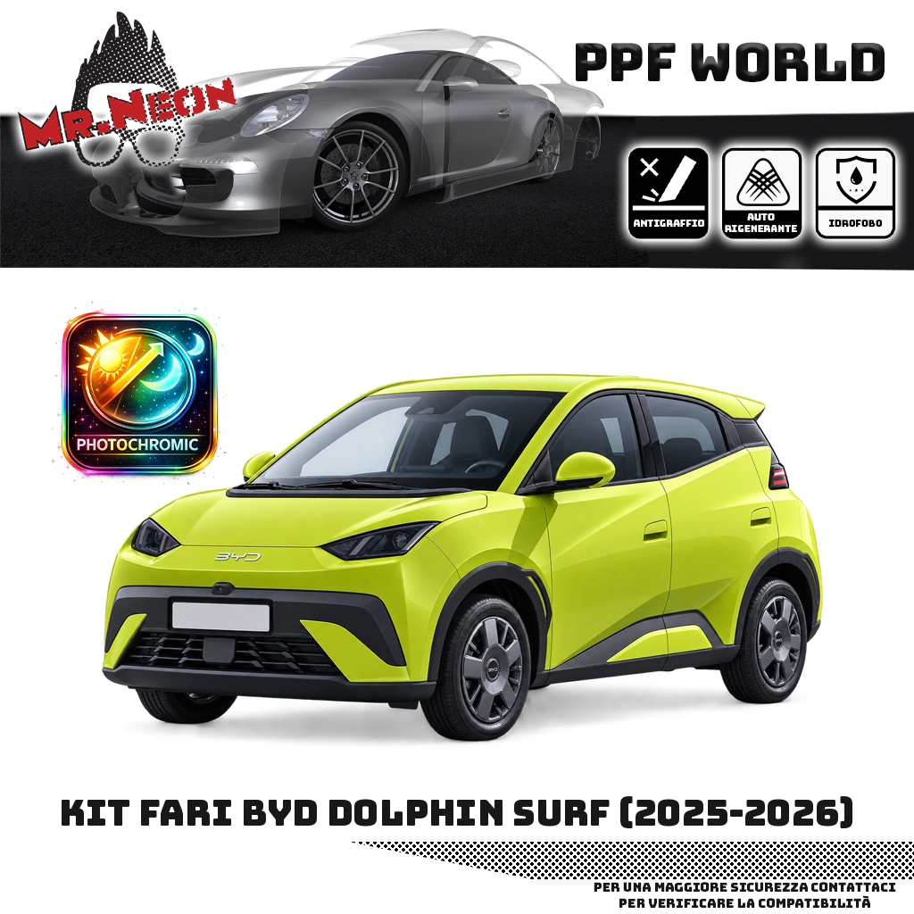Kit PPF fari BYD Dolphin Surf 2025–2026, faro destro e faro sinistro – fotocromatico nero, auto giallo lime