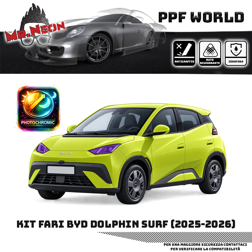 Kit PPF fari BYD Dolphin Surf 2025–2026, faro destro e faro sinistro – fotocromatico viola, auto giallo lime