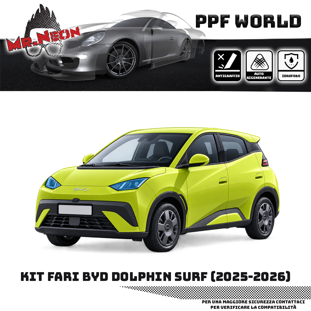 Kit PPF fari BYD Dolphin Surf 2025–2026, faro destro e faro sinistro – trasparente, zone protette in azzurro, auto giallo lime