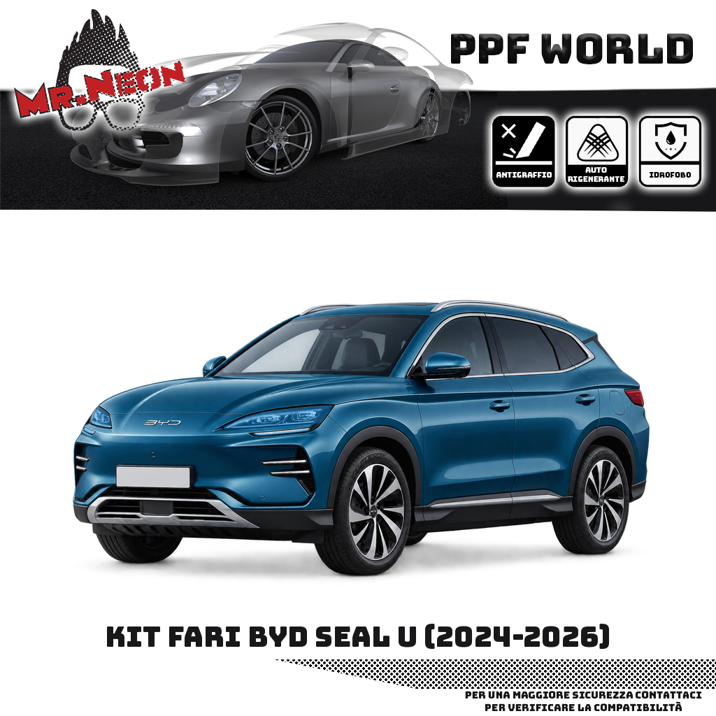 Kit PPF fari BYD Seal U 2024–2026, faro destro e faro sinistro – trasparente, zone protette in azzurro, auto blu petrolio