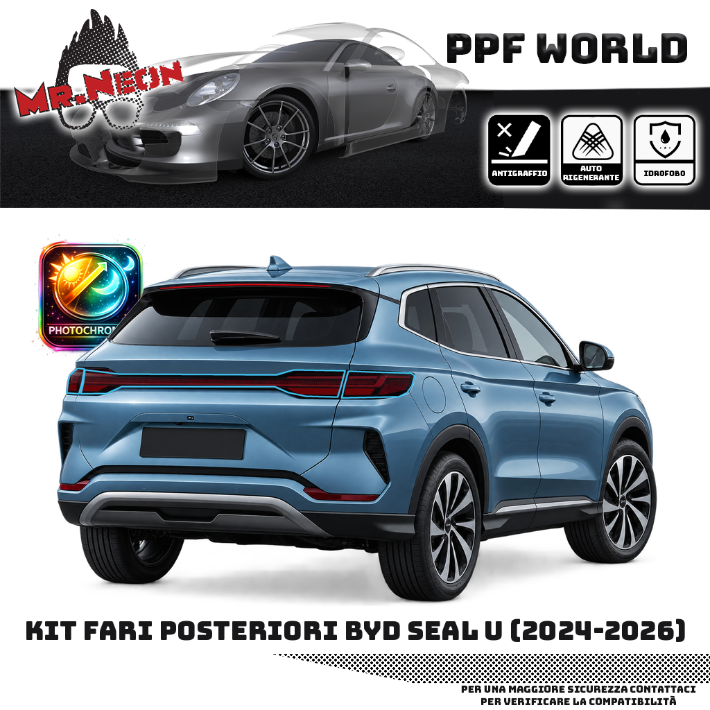 BYD Seal U posteriori 2024–2026, fotocromatico trasparente → nero, bordo celeste e badge dietro l’auto
