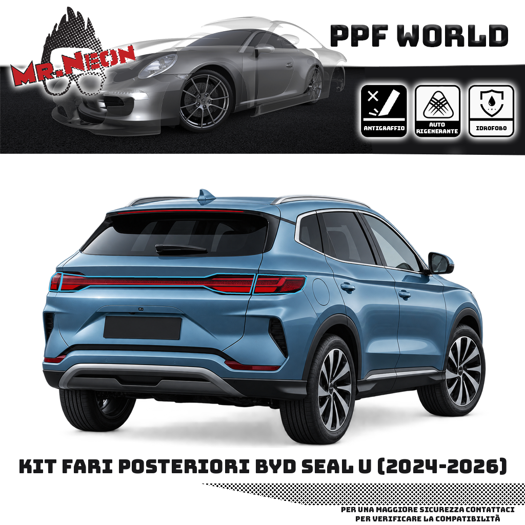 Kit PPF fari posteriori BYD Seal U 2024–2026: destro, sinistro e centrale — Fumé chiaro — bordo celeste del contorno indicativo