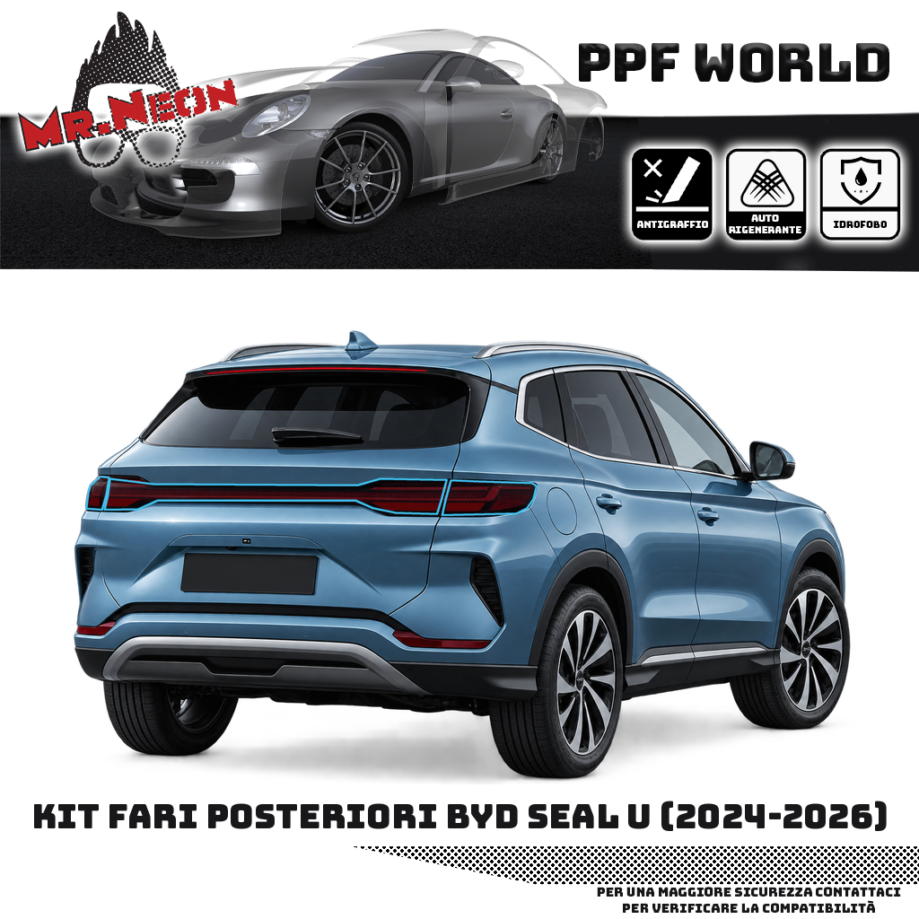 Kit PPF fari posteriori BYD Seal U 2024–2026: destro, sinistro e centrale — Fumé scuro — bordo celeste del contorno indicativo