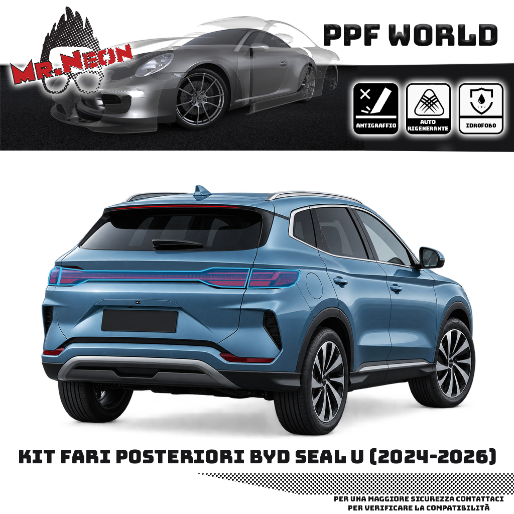 Kit PPF fari posteriori BYD Seal U 2024–2026: destro, sinistro e centrale — Trasparente — bordo celeste del contorno indicativo