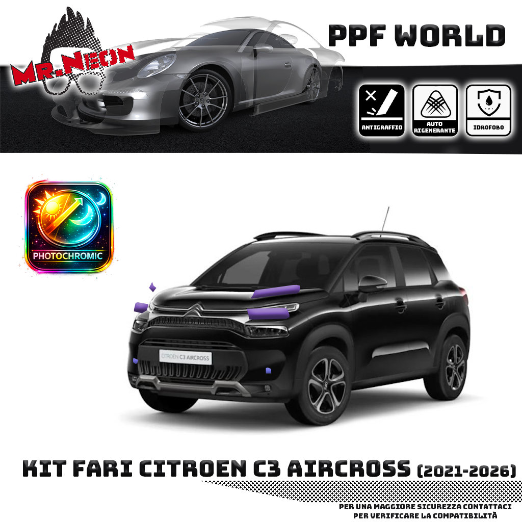 Kit Pellicola Protettiva Fari Citroën C3 Aircross 2021-oggi – PPF Trasparente o Fotocromatico Pretagliato
