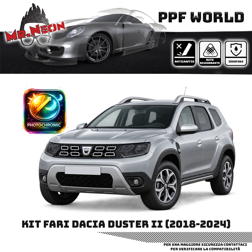 Kit PPF fari anteriori Dacia Duster II 2018–2024 — fotocromatico nero