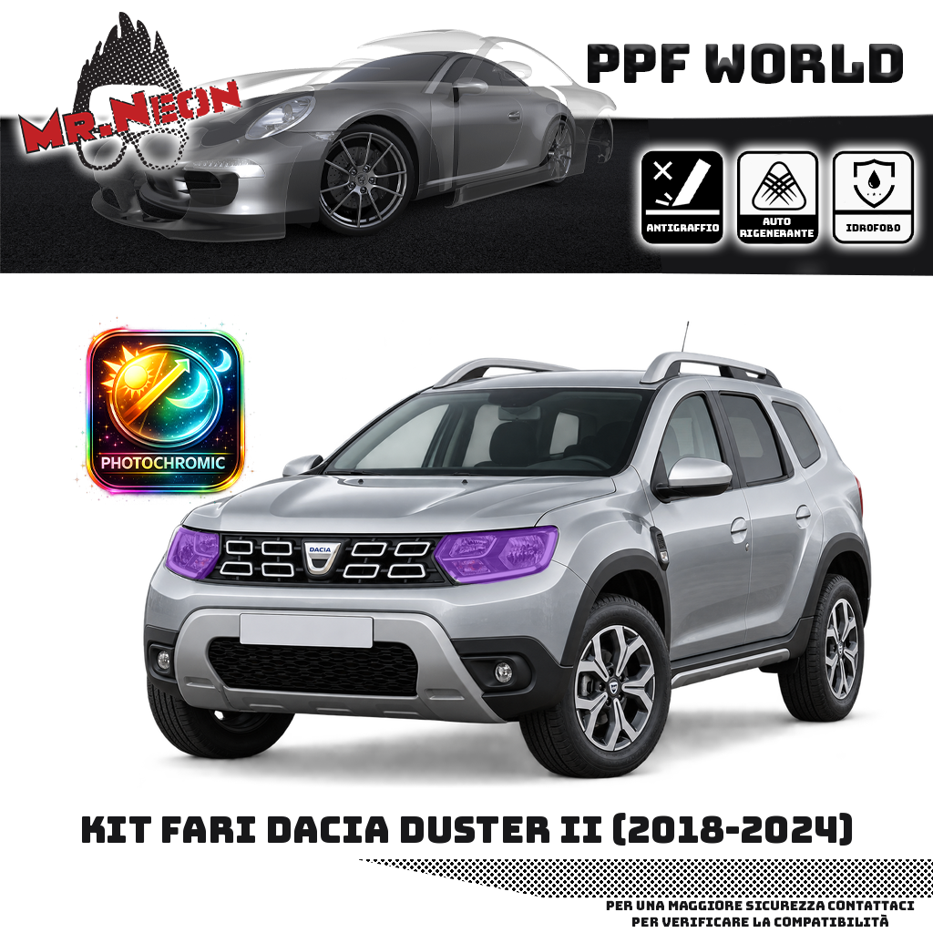 Kit PPF fari anteriori Dacia Duster II 2018–2024 — fotocromatico viola