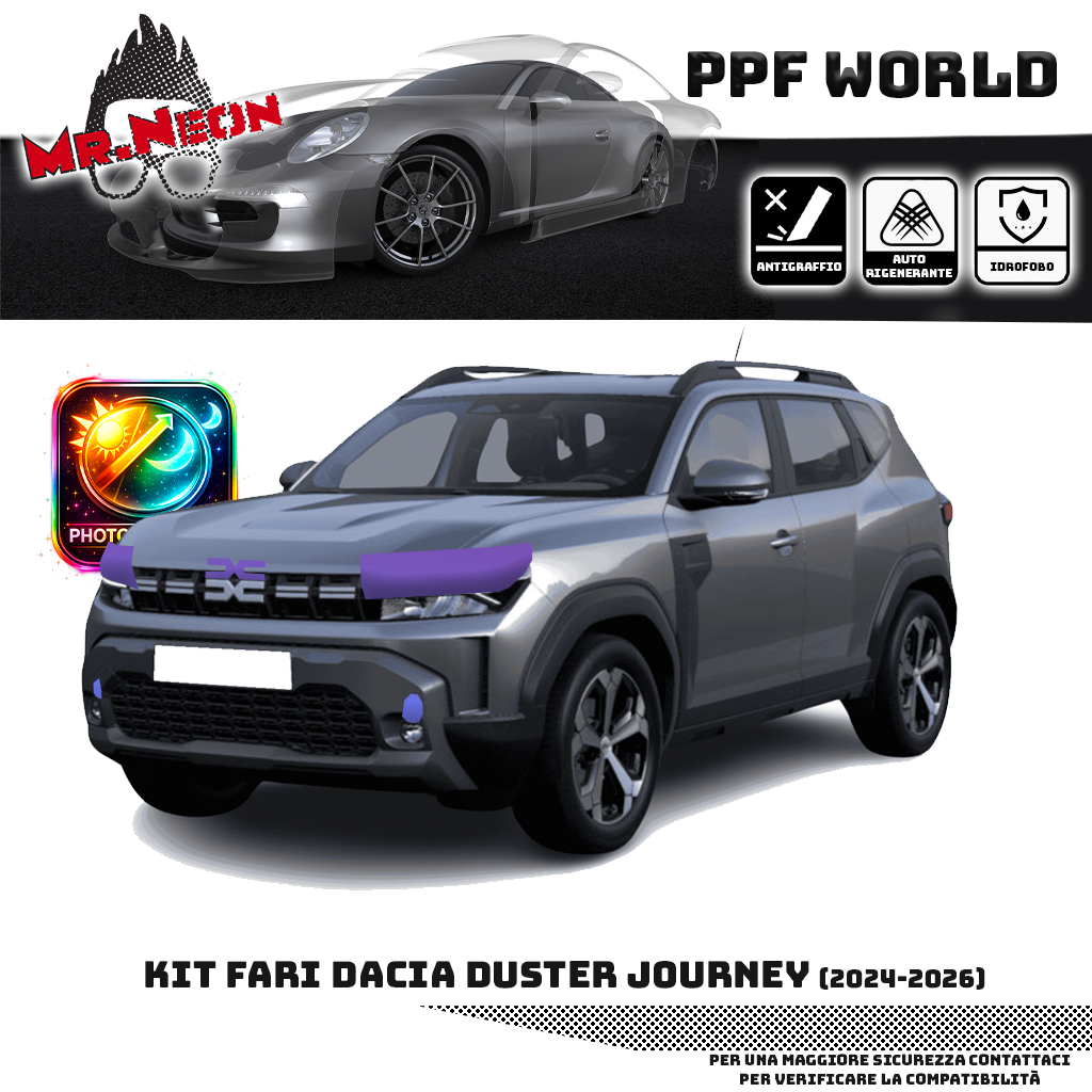 Kit Pellicola Protettiva Fari Dacia Duster Journey 2024-2026 – PPF Trasparente o Fotocromatico Pretagliato