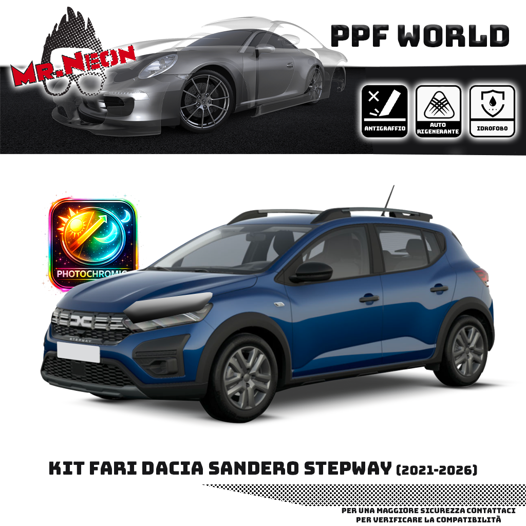 Kit PPF Fari Anteriori Dacia Sandero Stepway 2021-2026 – Trasparente o Fotocromatico Pretagliato