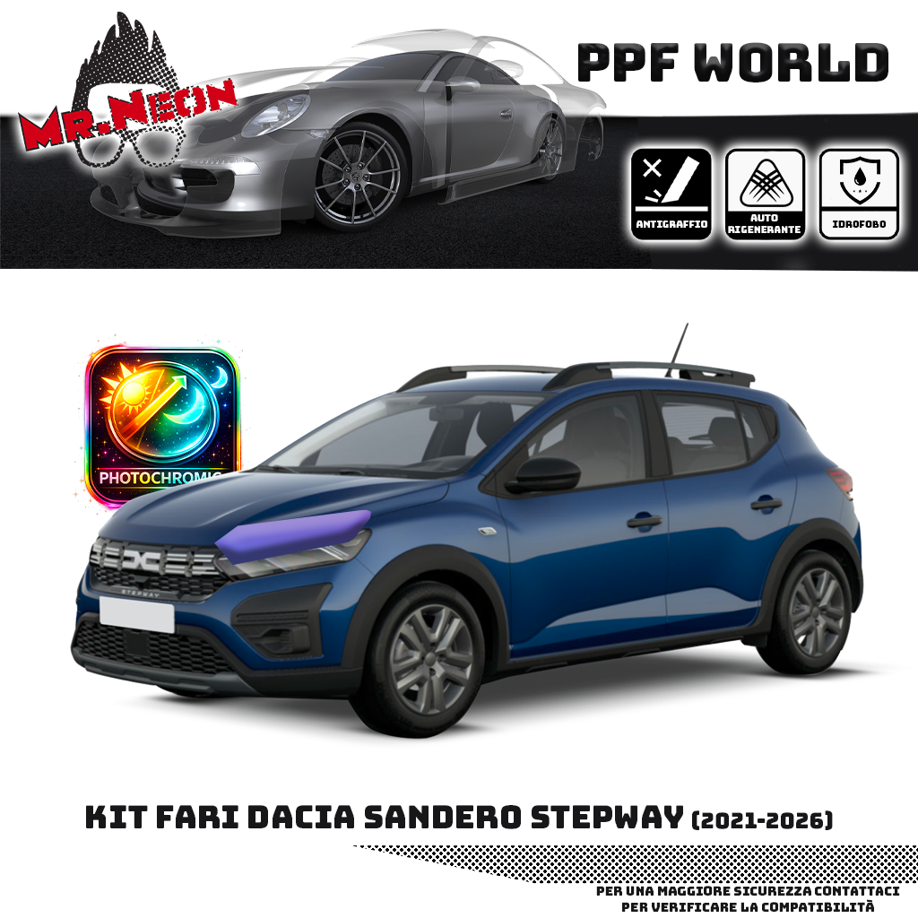 Kit PPF Fari Anteriori Dacia Sandero Stepway 2021-2026 – Trasparente o Fotocromatico Pretagliato