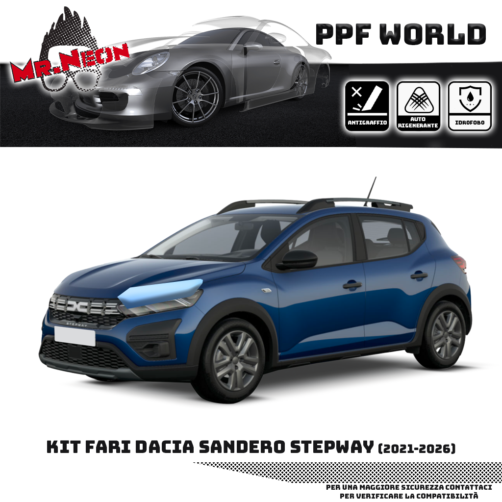 Kit PPF Fari Anteriori Dacia Sandero Stepway 2021-2026 – Trasparente o Fotocromatico Pretagliato