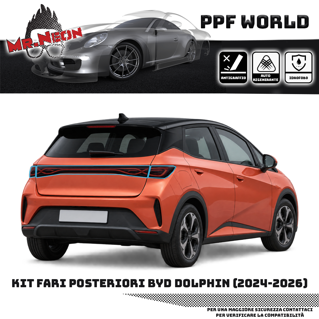 Kit PPF fari posteriori BYD Dolphin 2024-2026 — Fumé, contorno celeste indicativo