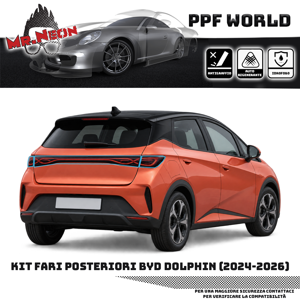 Kit PPF fari posteriori BYD Dolphin 2024-2026 — Fumé chiaro, contorno celeste indicativo