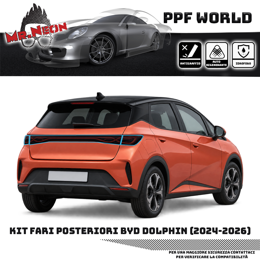 Kit PPF fari posteriori BYD Dolphin 2024-2026 — Fumé scuro, contorno celeste indicativo