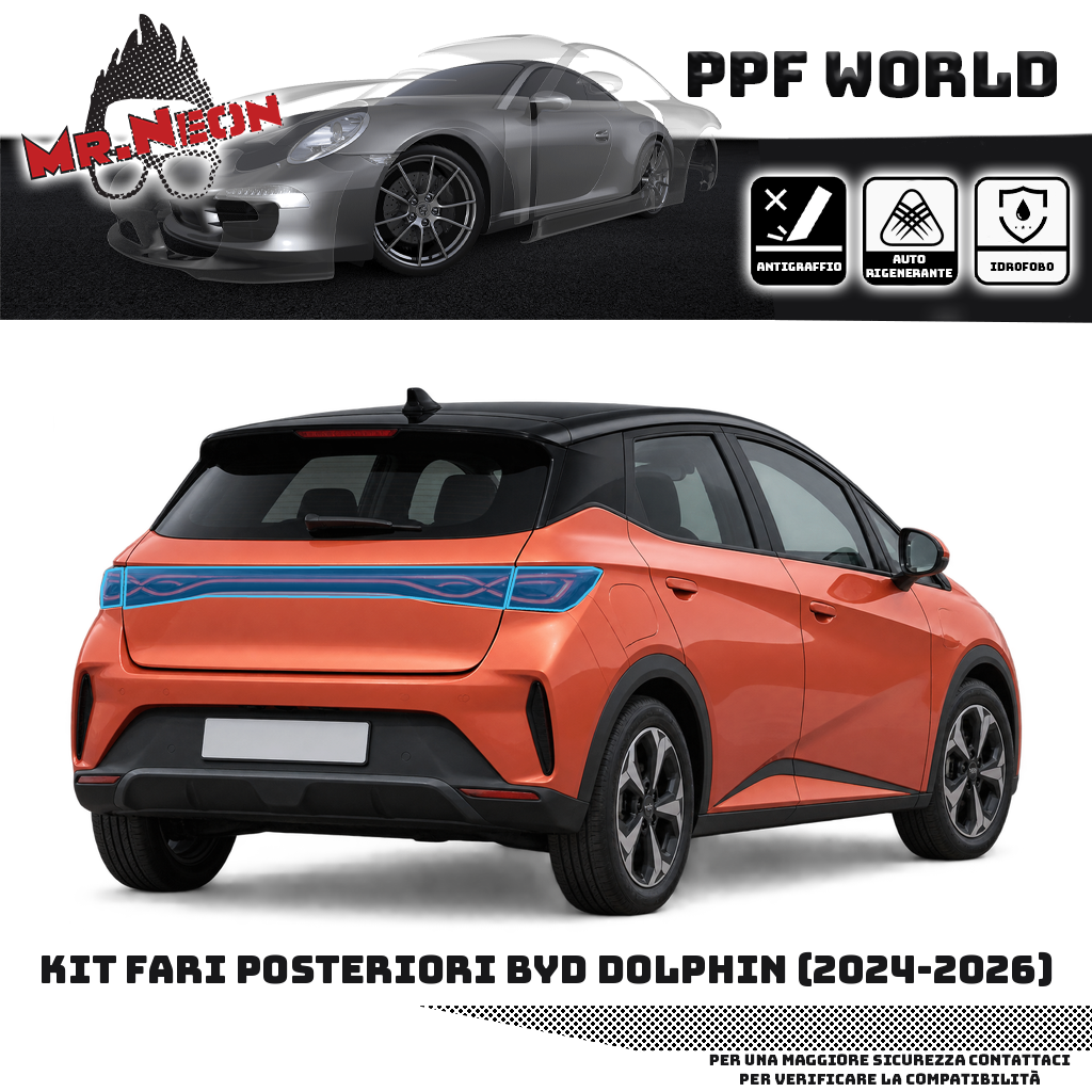 Kit PPF fari posteriori BYD Dolphin 2024-2026 — Trasparente, contorno celeste indicativo
