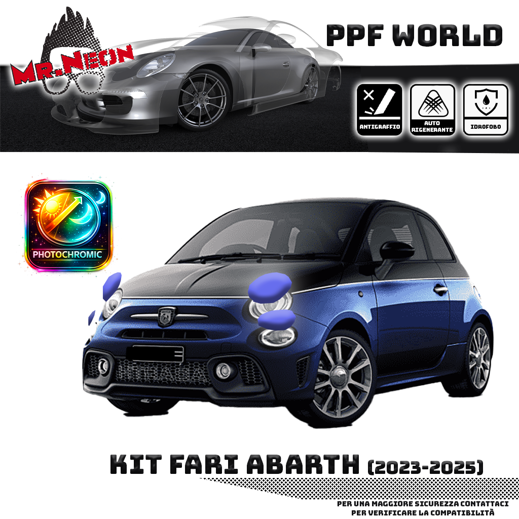 Kit PPF Fotocromatico Fari Anteriori compatibile con Abarth (2023–2025) – Pellicola Protettiva Pretagliata