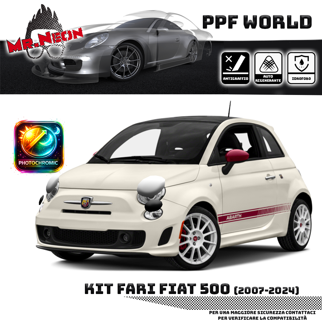 Kit Pellicola Protettiva Fari Fiat 500 / Abarth 595 (2007–2024) – PPF Trasparente o Fotocromatico Pretagliato