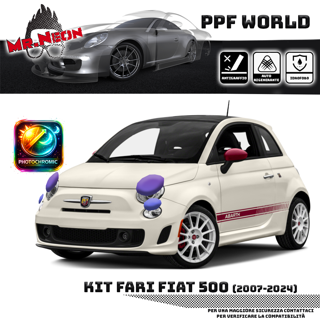 Kit Pellicola Protettiva Fari Fiat 500 / Abarth 595 (2007–2024) – PPF Trasparente o Fotocromatico Pretagliato