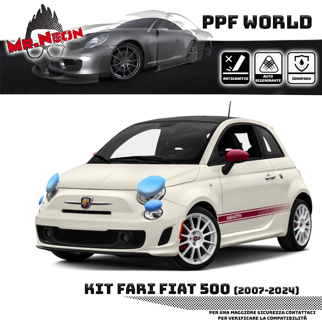 Kit Pellicola Protettiva Fari Fiat 500 / Abarth 595 (2007–2024) – PPF Trasparente o Fotocromatico Pretagliato