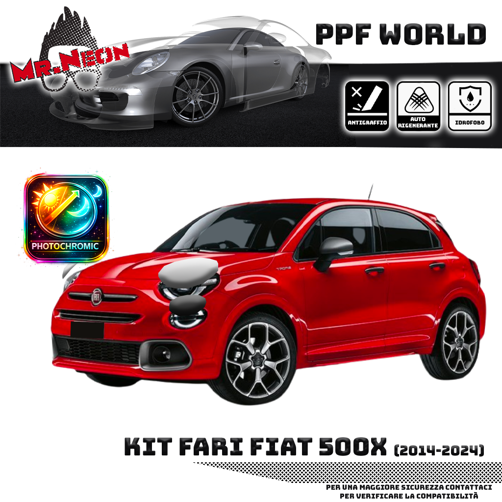 Kit Pellicola Protettiva Fari Fiat 500X 2014-2024 – PPF Trasparente o Fotocromatico Pretagliato
