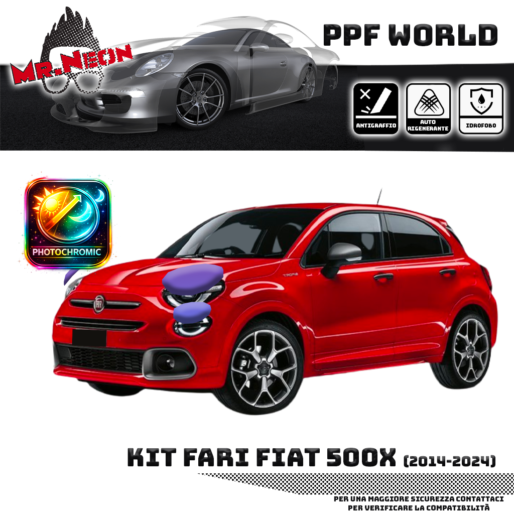 Kit Pellicola Protettiva Fari Fiat 500X 2014-2024 – PPF Trasparente o Fotocromatico Pretagliato
