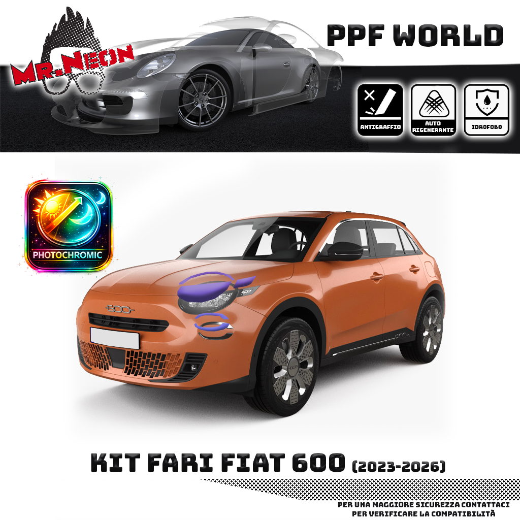 Kit Pellicola Protettiva Fari Fiat 600 2023-2026 – PPF Trasparente o Fotocromatico Pretagliato