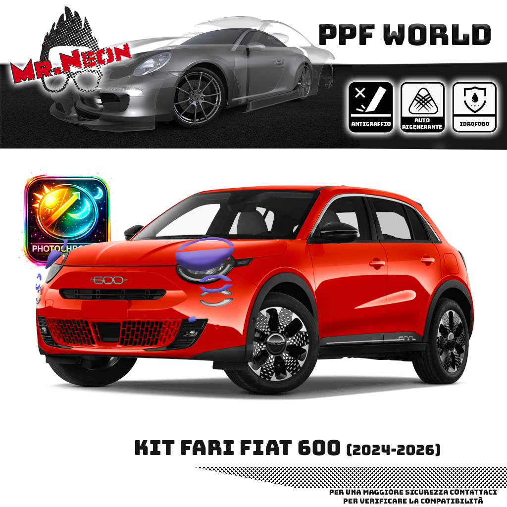 Kit Pellicola Protettiva Fari Fiat 600 2024-2026 – PPF Trasparente o Fotocromatico Pretagliato