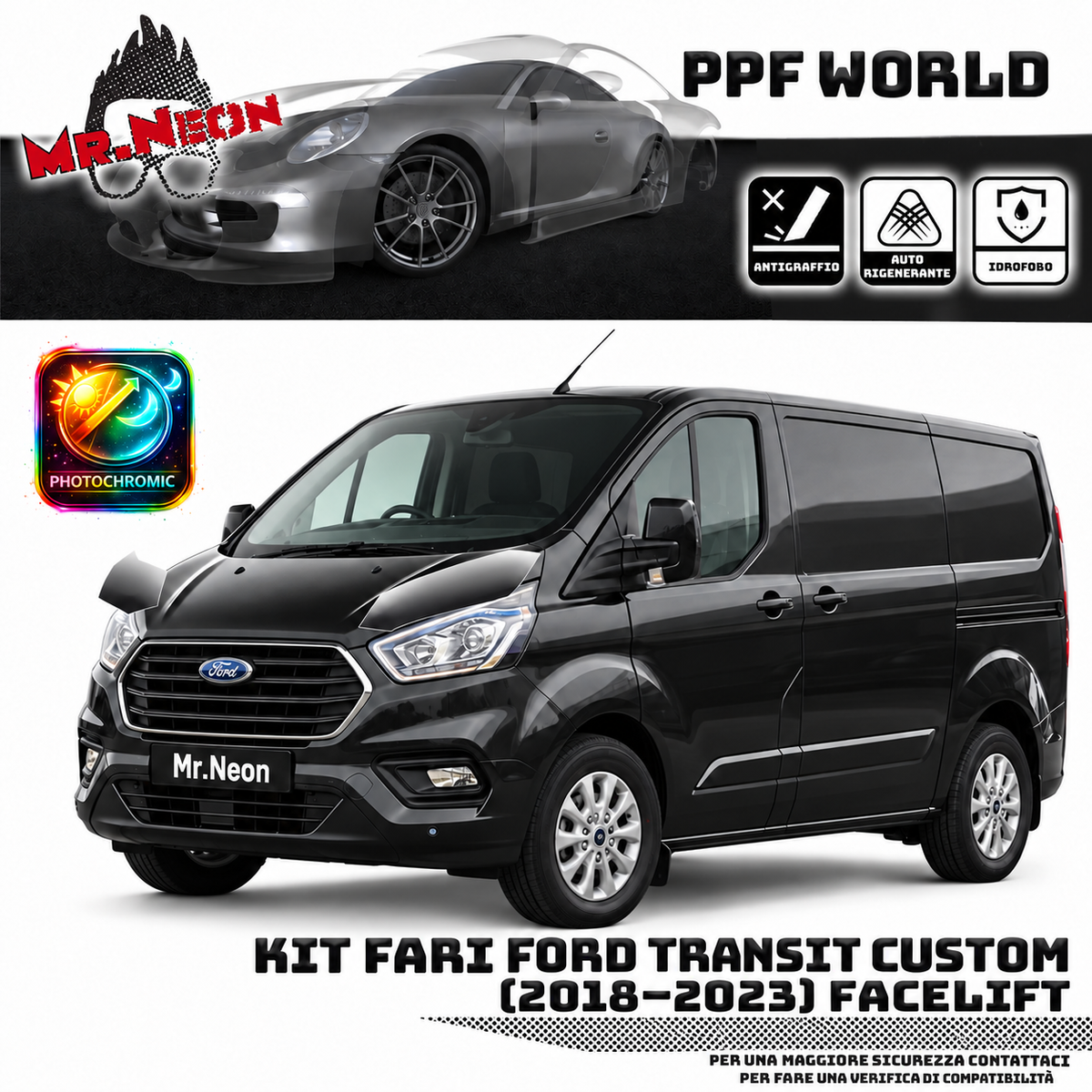 Kit PPF fari Ford Transit Custom 2018–2023 Facelift fotocromatico nero