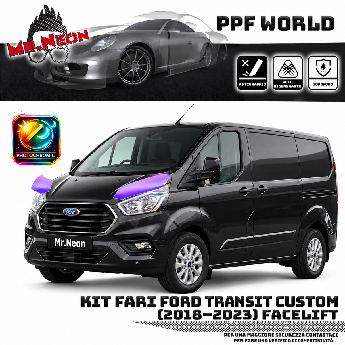 Kit PPF fari Ford Transit Custom 2018–2023 Facelift fotocromatico viola
