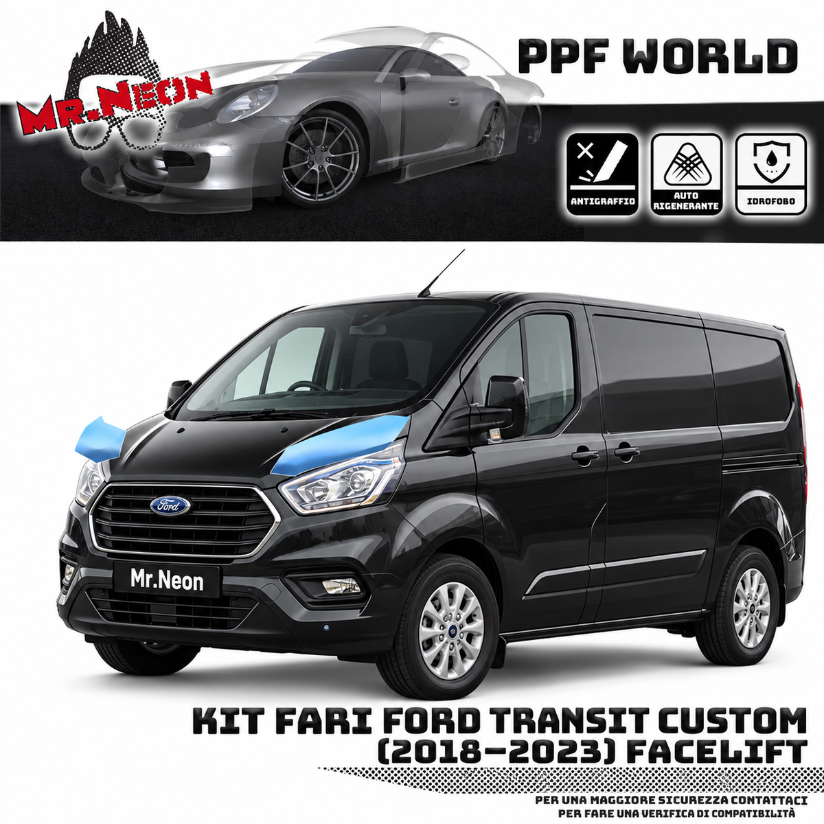 Kit PPF fari Ford Transit Custom 2018–2023 Facelift trasparente lucido