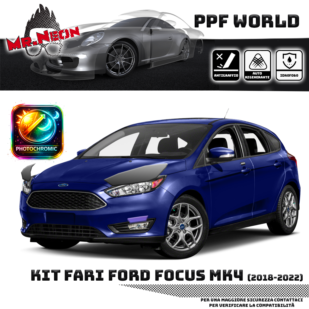 Kit Pellicola Protettiva Fari Ford Focus Mk4 2018-2022 – PPF Trasparente o Fotocromatico Pretagliato