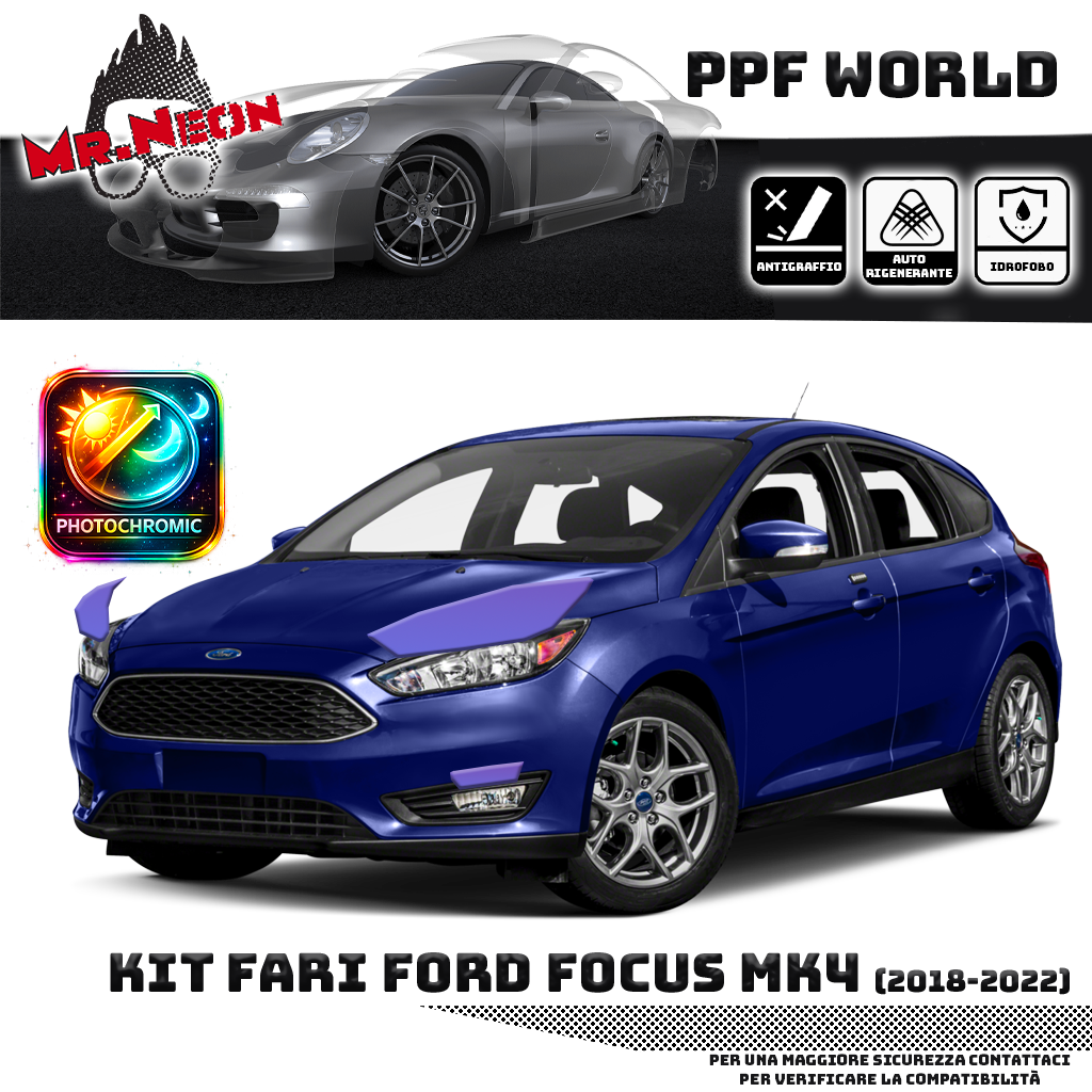 Kit Pellicola Protettiva Fari Ford Focus Mk4 2018-2022 – PPF Trasparente o Fotocromatico Pretagliato
