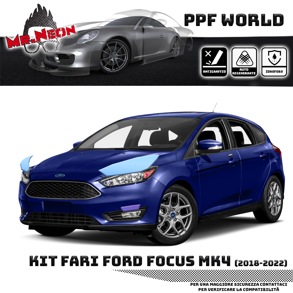 Kit Pellicola Protettiva Fari Ford Focus Mk4 2018-2022 – PPF Trasparente o Fotocromatico Pretagliato