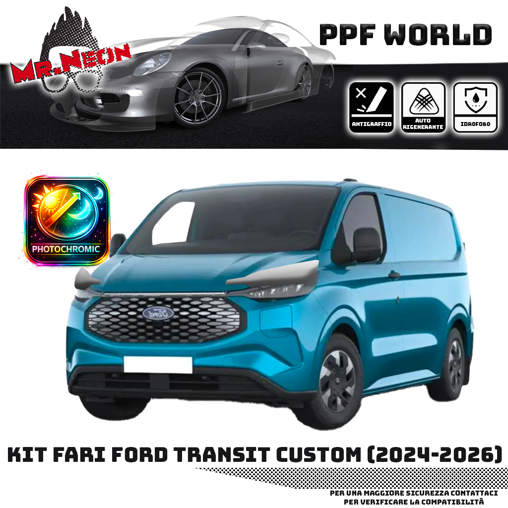 Kit Pellicola Protettiva Fari Ford Transit Custom 2024-2026 – PPF Trasparente o Fotocromatico Pretagliato