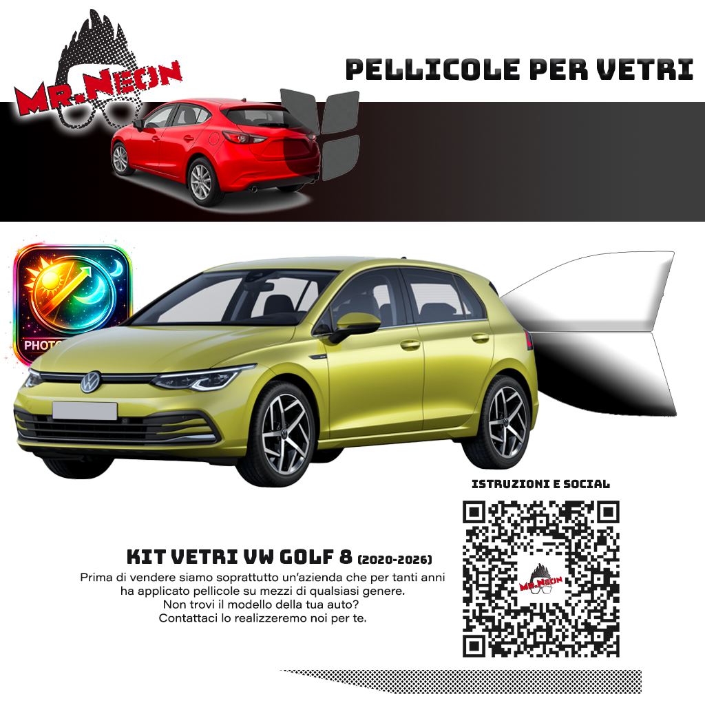 Kit Pellicole Oscuramento Vetri Anteriori Volkswagen Golf 8 2020-2026 – Pretagliati