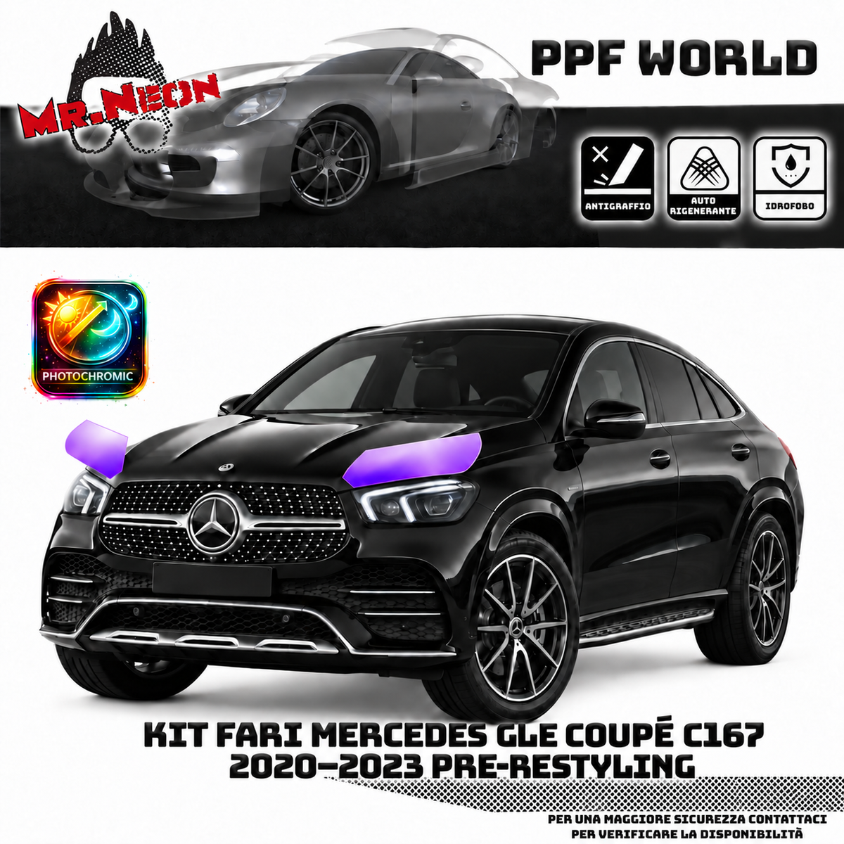 PPF fari Mercedes GLE Coupé C167 2020–2023 Pre-Restyling fotocromatico viola