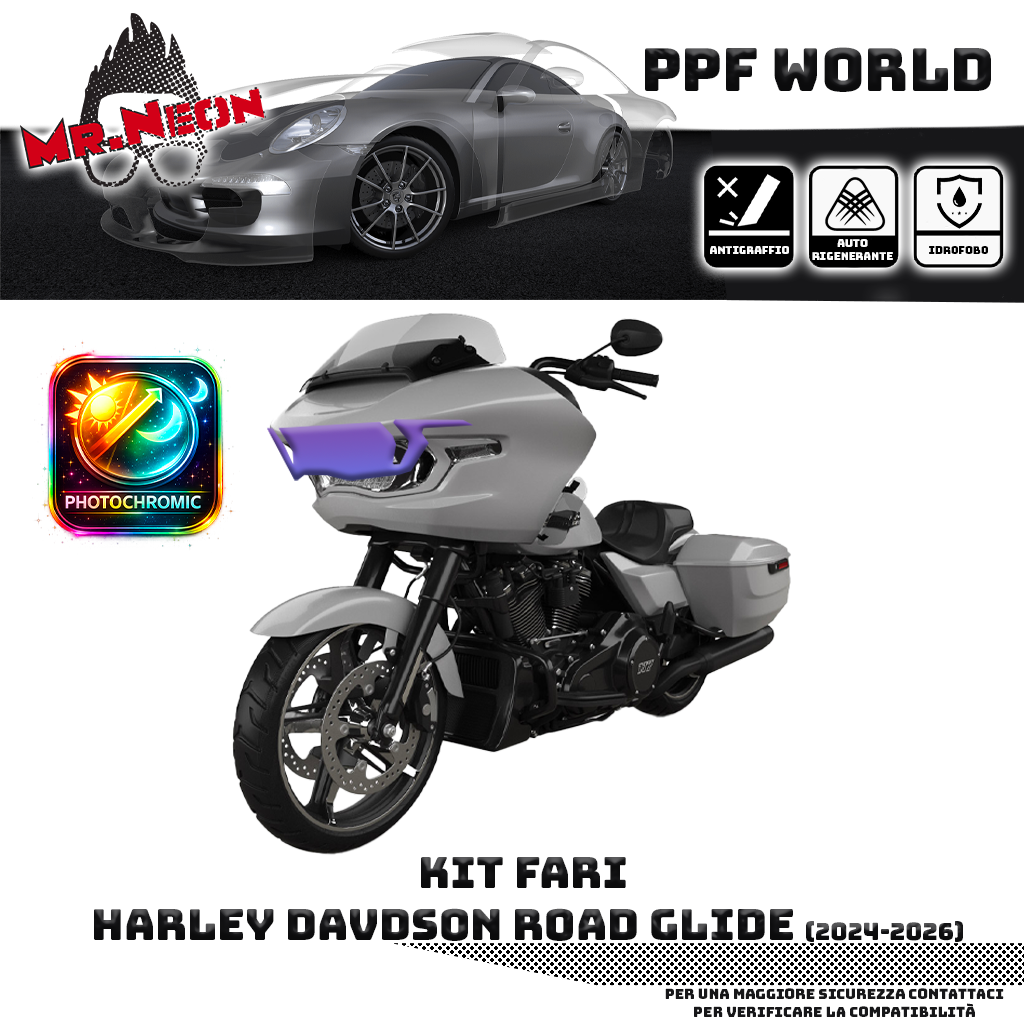 Kit Pellicola Protettiva Fari Harley-Davidson Road Glide 2024-2026 – PPF Trasparente o Fotocromatico Pretagliato