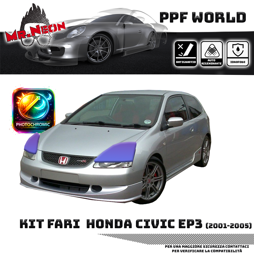 Kit Pellicola Protettiva Fari Honda Civic Type R EP3 2001-2005 – PPF Trasparente o Fotocromatico Pretagliato