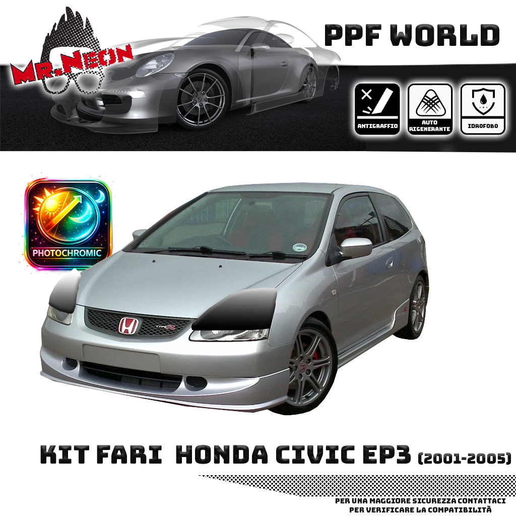 Kit Pellicola Protettiva Fari Honda Civic Type R EP3 2001-2005 – PPF Trasparente o Fotocromatico Pretagliato